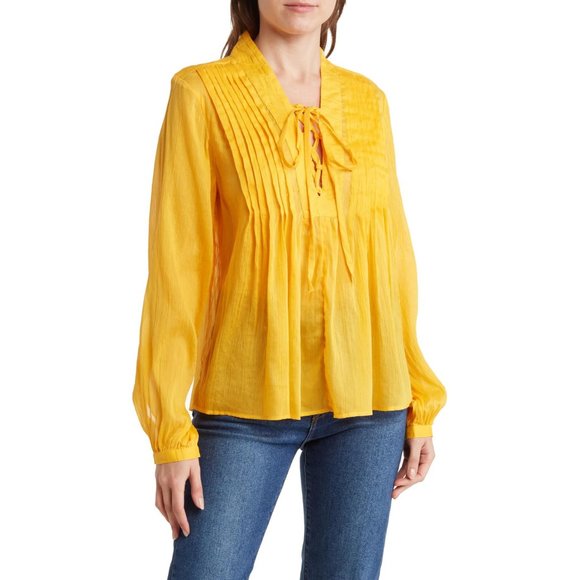 NEW Rag & Bone Sachi Pleat Split Neck Cotton/Silk Top Safron size S - Picture 7 of 8